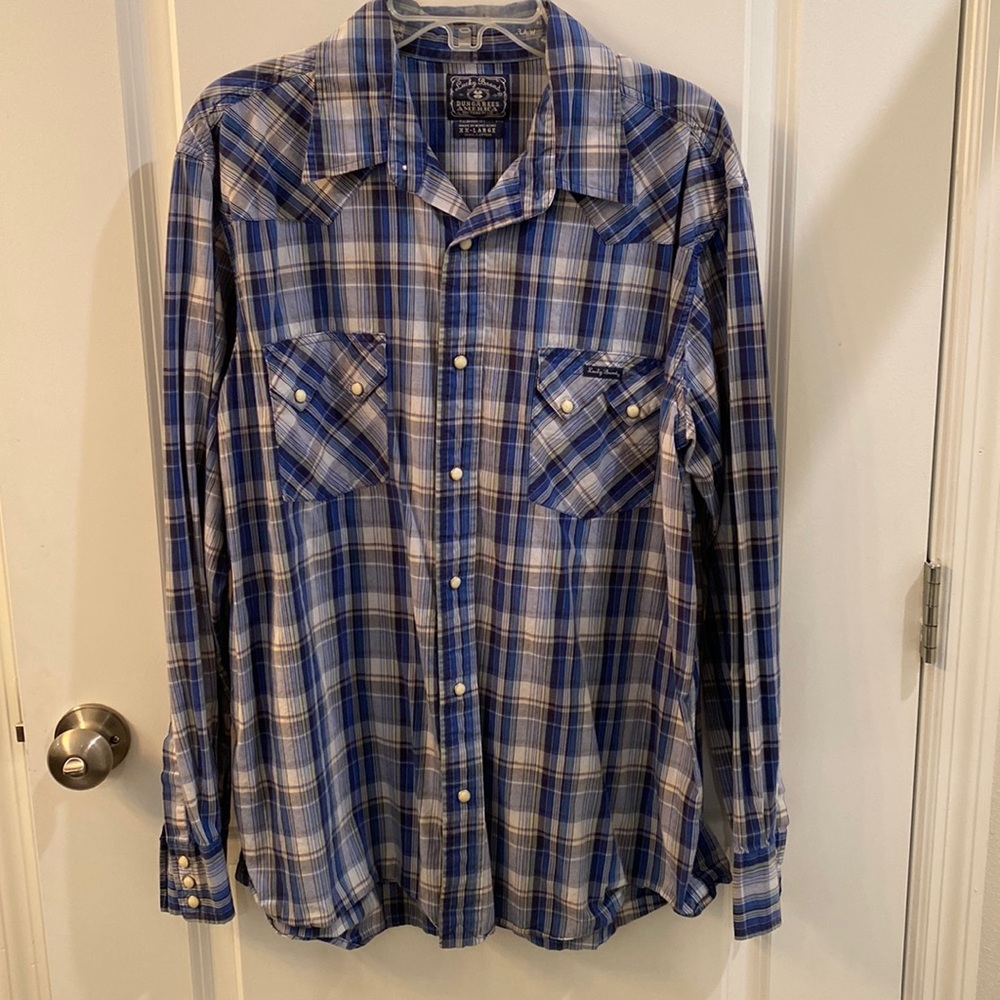 Lucky Brand Western Pearl Snap Blue White Shirt XXL